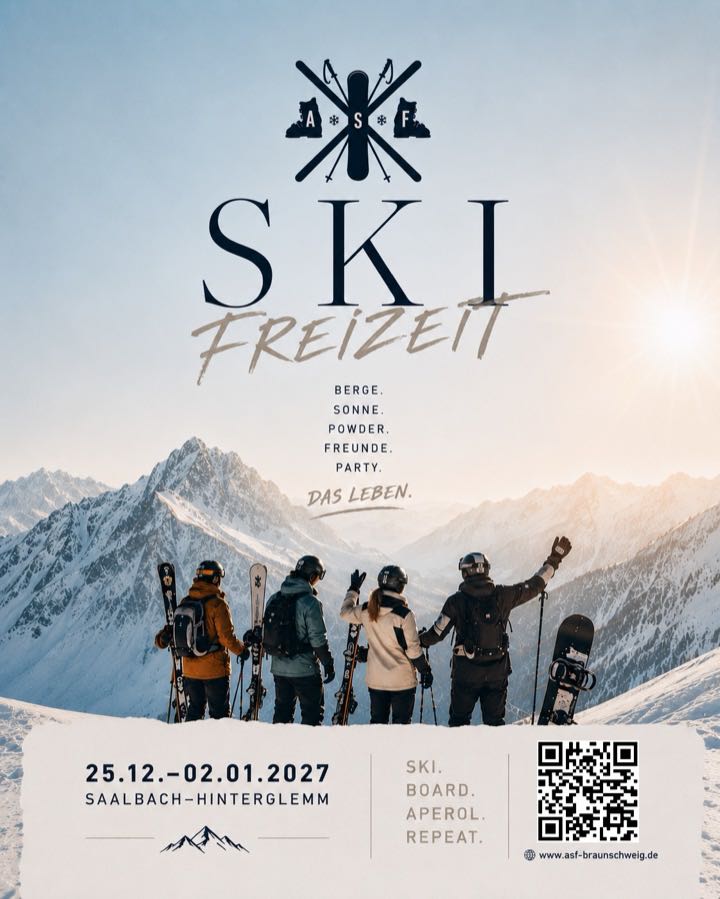Plakat der Silvesterfahrt, vier Personen mit Ski und Snowboard über einem verschneiten Tal
